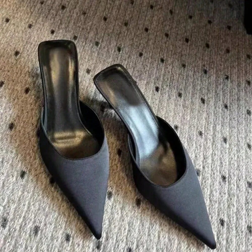Black Satin Women's Elegant Casual Outdoor Slip-On Mules
